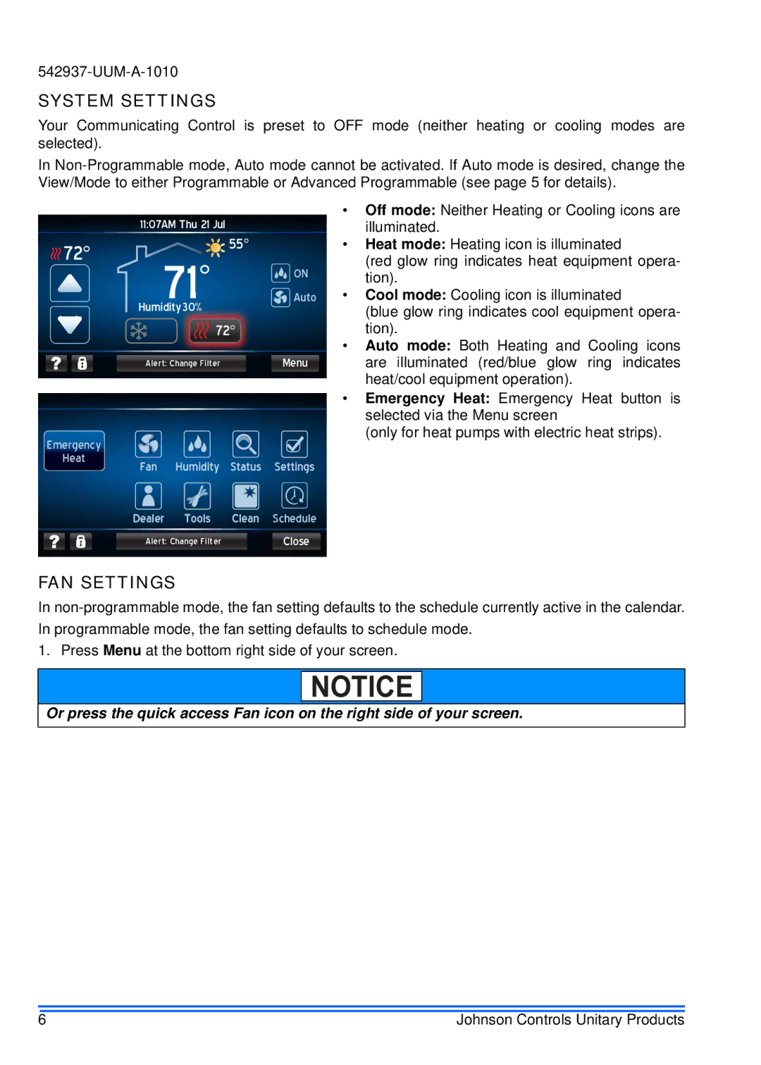 Johnson Controls S1-TTSCC01 appendix System Settings, FAN Settings 