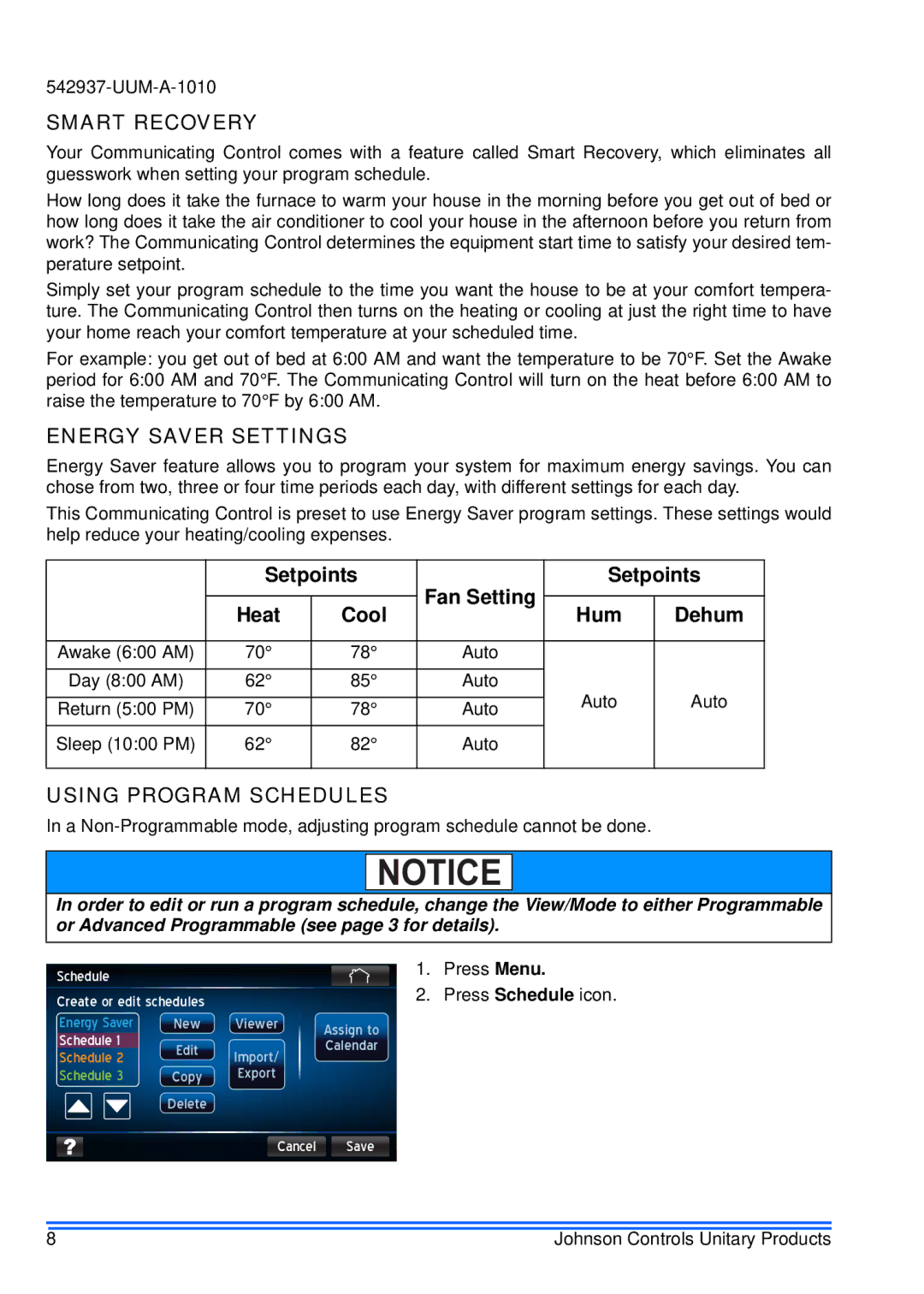 Johnson Controls S1-TTSCC01 appendix Smart Recovery, Energy Saver Settings, Setpoints Fan Setting, Using Program Schedules 