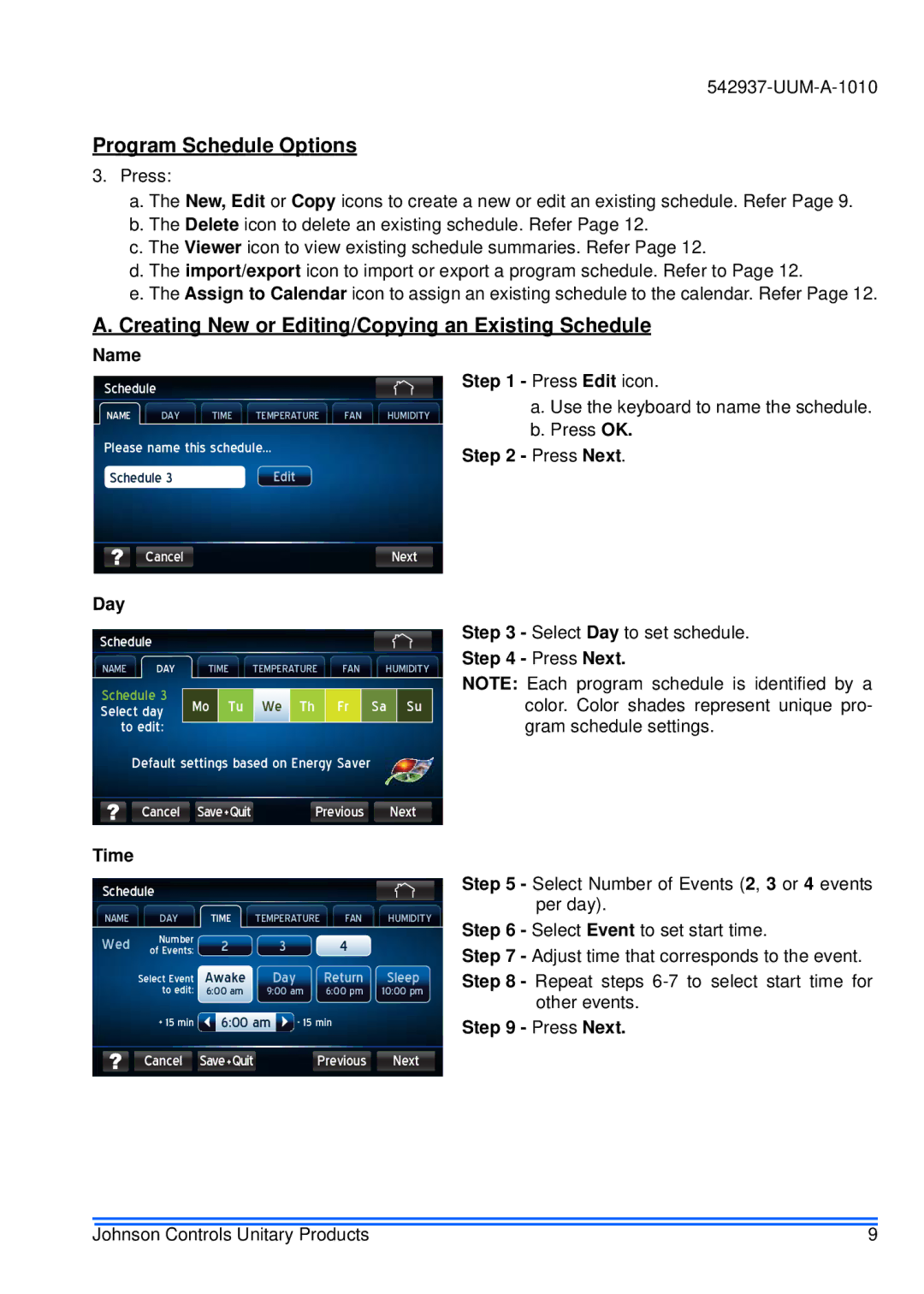 Johnson Controls S1-TTSCC01 appendix Program Schedule Options, Creating New or Editing/Copying an Existing Schedule, Name 