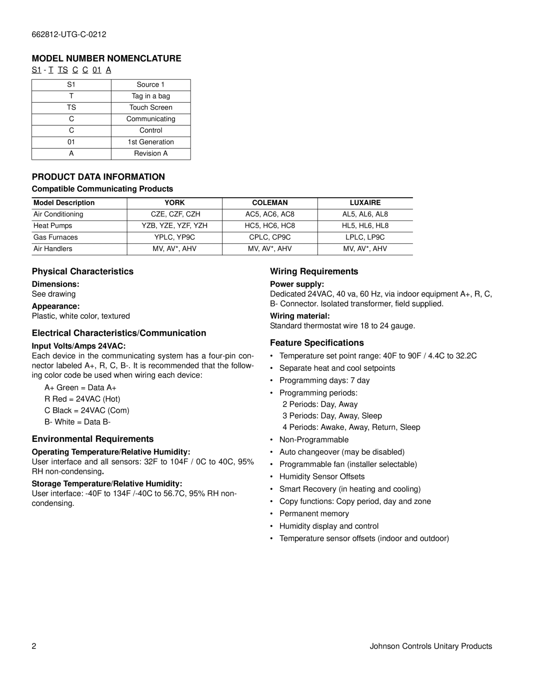 Johnson Controls S1-TTSCC01 warranty Model Number Nomenclature, Product Data Information 