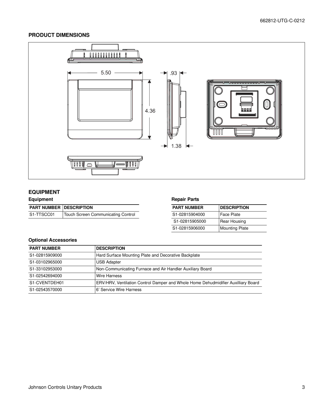 Johnson Controls S1-TTSCC01 warranty Product Dimensions Equipment, Repair Parts, Optional Accessories 