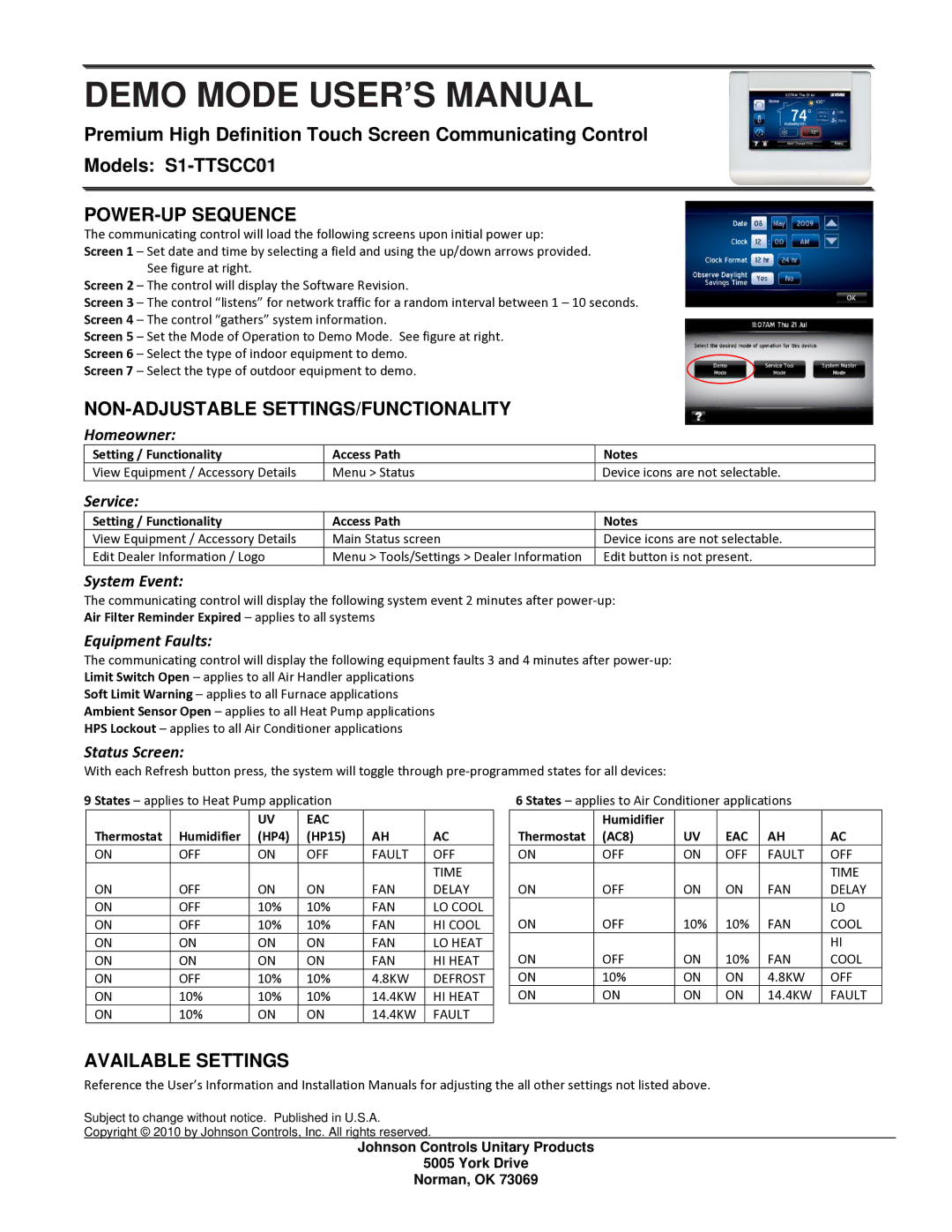 Johnson Controls S1-TTSCC01 user manual POWER-UP Sequence, Non-Adjustable Settings/Functionality, Available Settings 