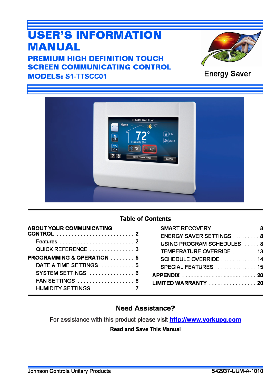 Johnson Controls S1-TTSCC01 appendix Need Assistance?, Table of Contents, Read and Save This Manual, Energy Saver 