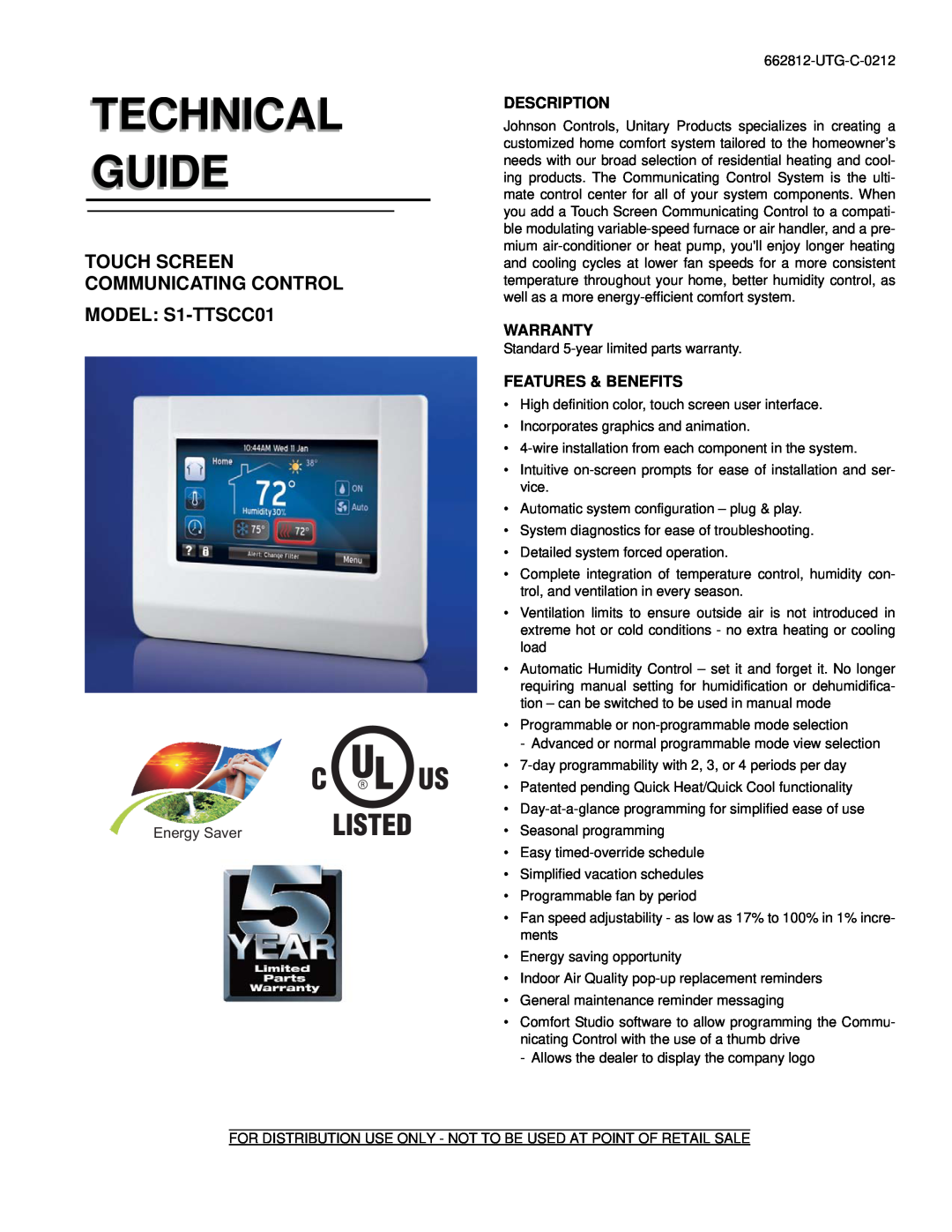Johnson Controls S1-TTSCC01 warranty Energy Saver, Description, Warranty, Features & Benefits, Technical Guide 