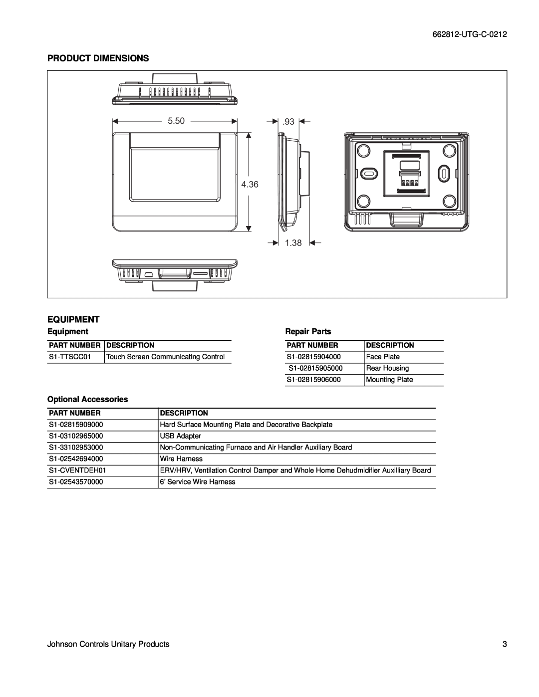 Johnson Controls S1-TTSCC01 Product Dimensions, 5.50, 4.36, Equipment, Repair Parts, Optional Accessories, Part Number 