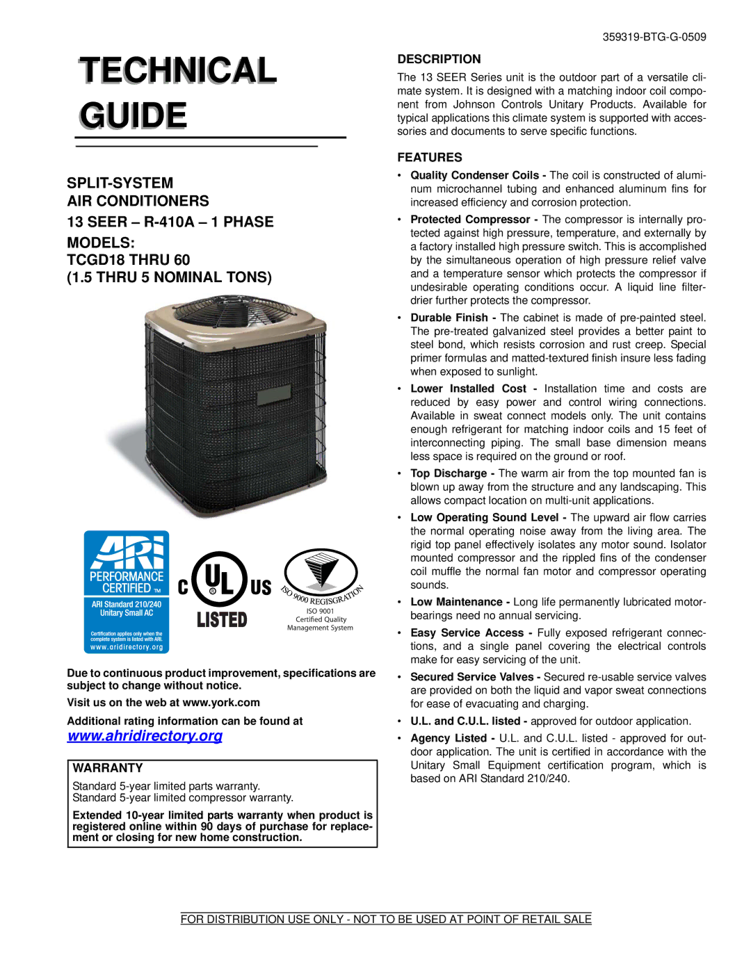 Johnson Controls TCGD18 THRU 60 warranty Technical Guide 