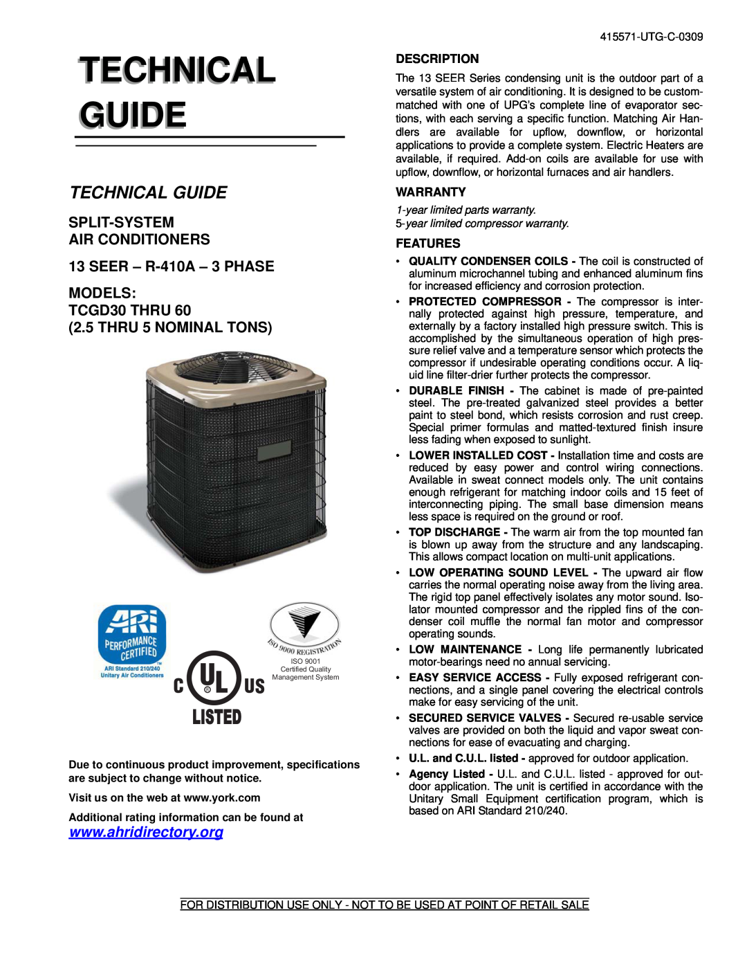 Johnson Controls TCGD30 warranty Description, Warranty, Features, Technical Guide, Listed, Split-System Air Conditioners 