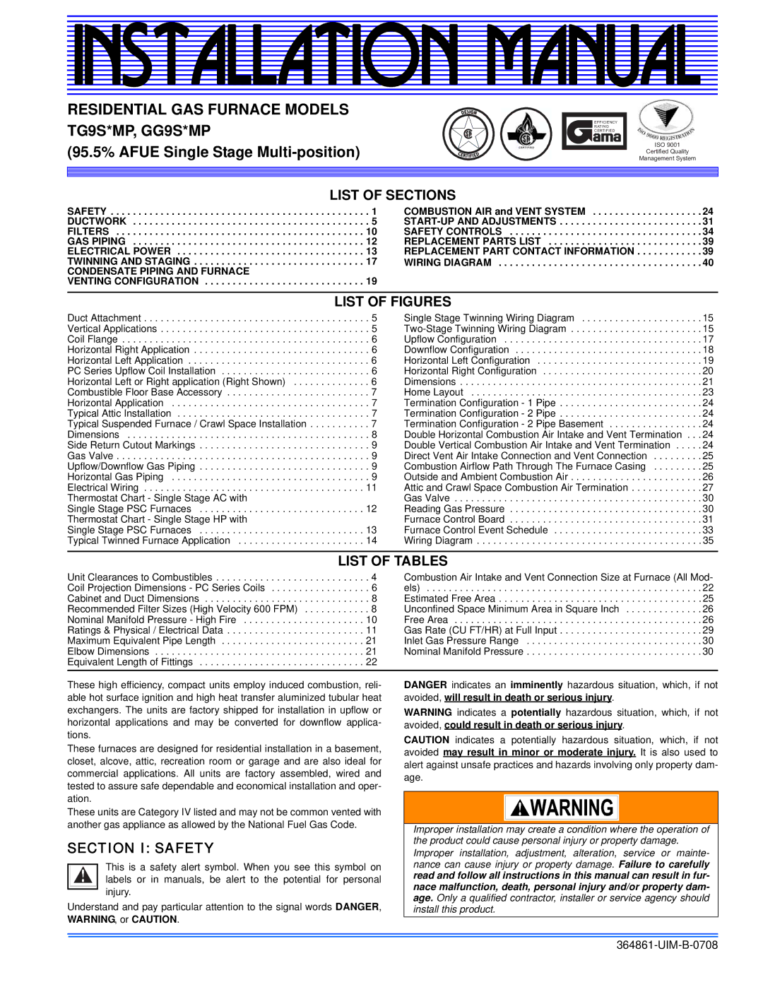 Johnson Controls GG9S*MP, TG9S*MP installation manual List of Sections, List of Figures, List of Tables, Section I Safety 