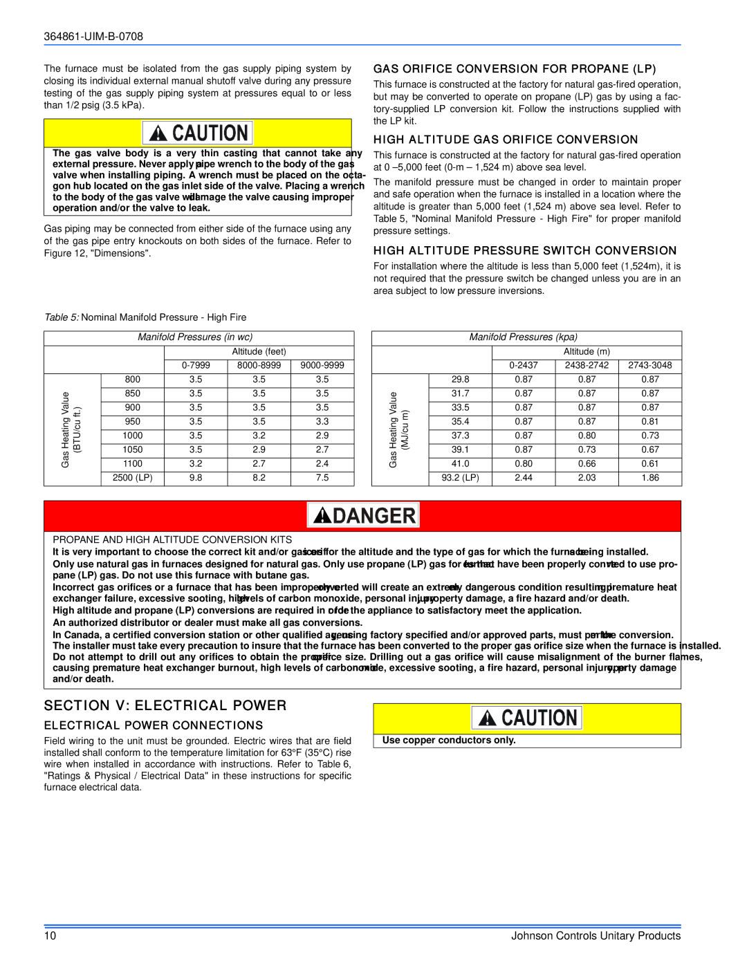 Johnson Controls TG9S*MP Section V Electrical Power, GAS Orifice Conversion for Propane LP, Electrical Power Connections 