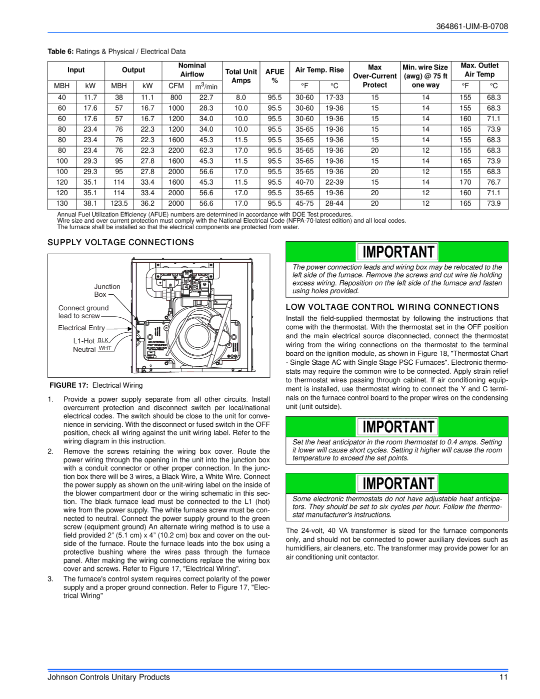 Johnson Controls GG9S*MP, TG9S*MP Supply Voltage Connections, LOW Voltage Control Wiring Connections, Afue 