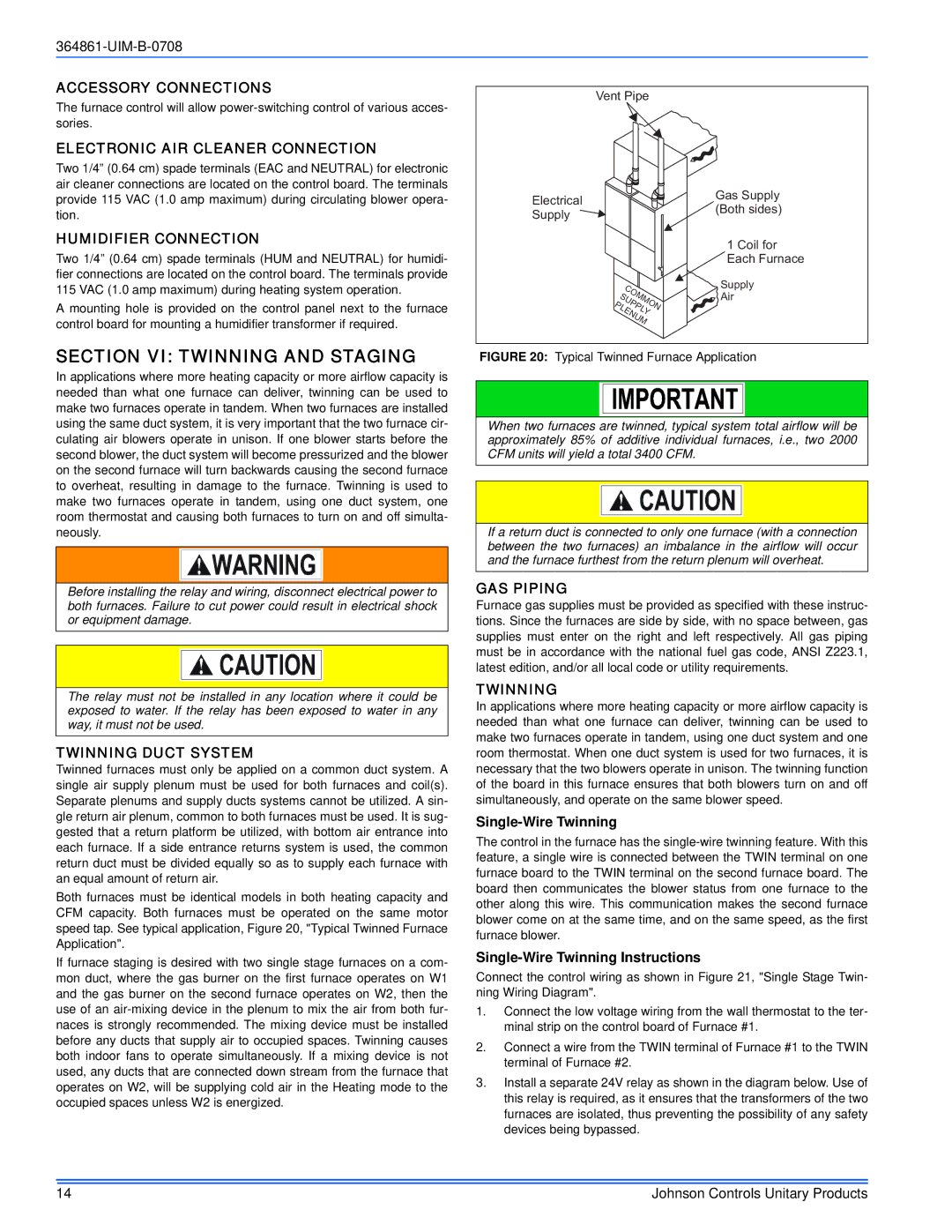 Johnson Controls TG9S*MP, GG9S*MP installation manual Section VI Twinning and Staging 