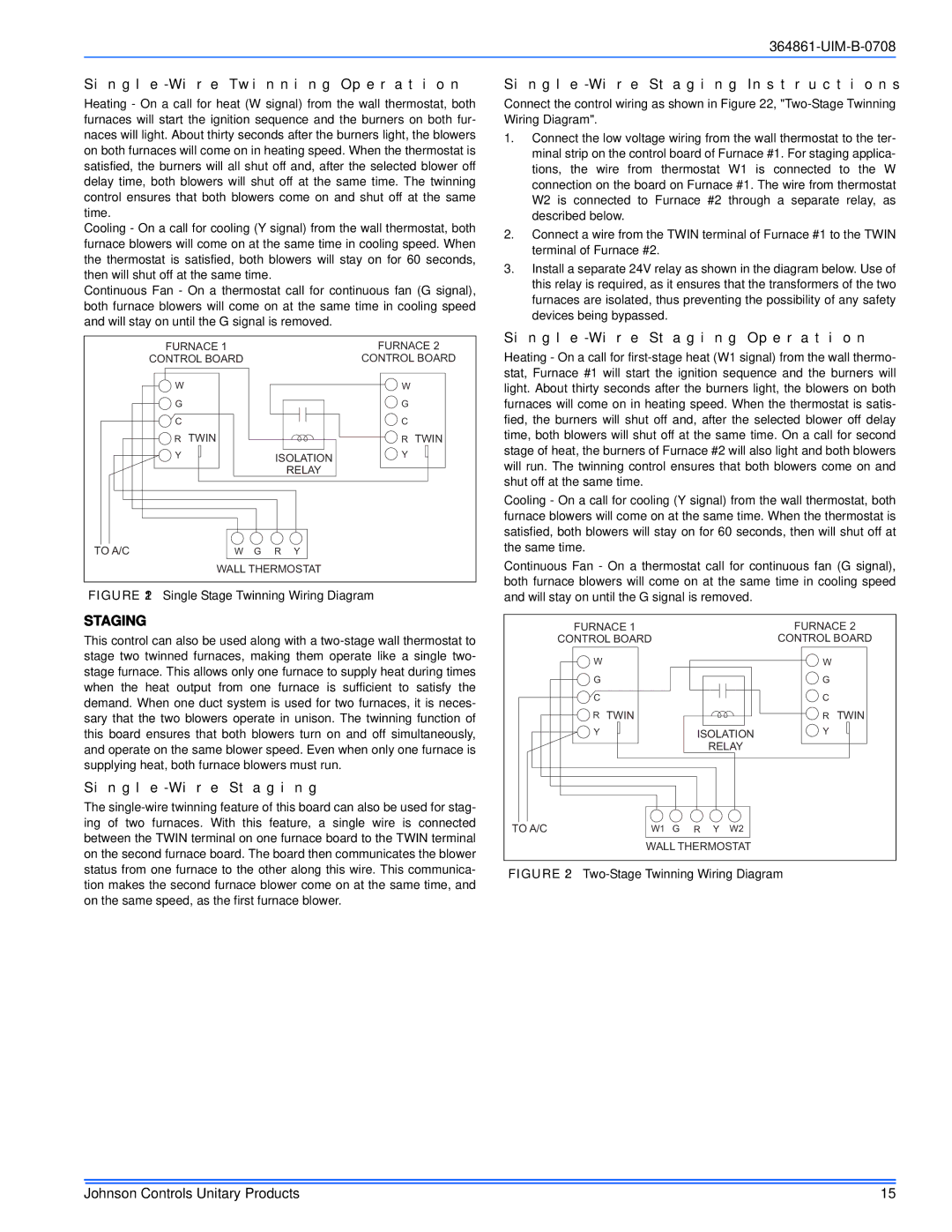 Johnson Controls GG9S*MP, TG9S*MP Single-Wire Twinning Operation, Single-Wire Staging Instructions 