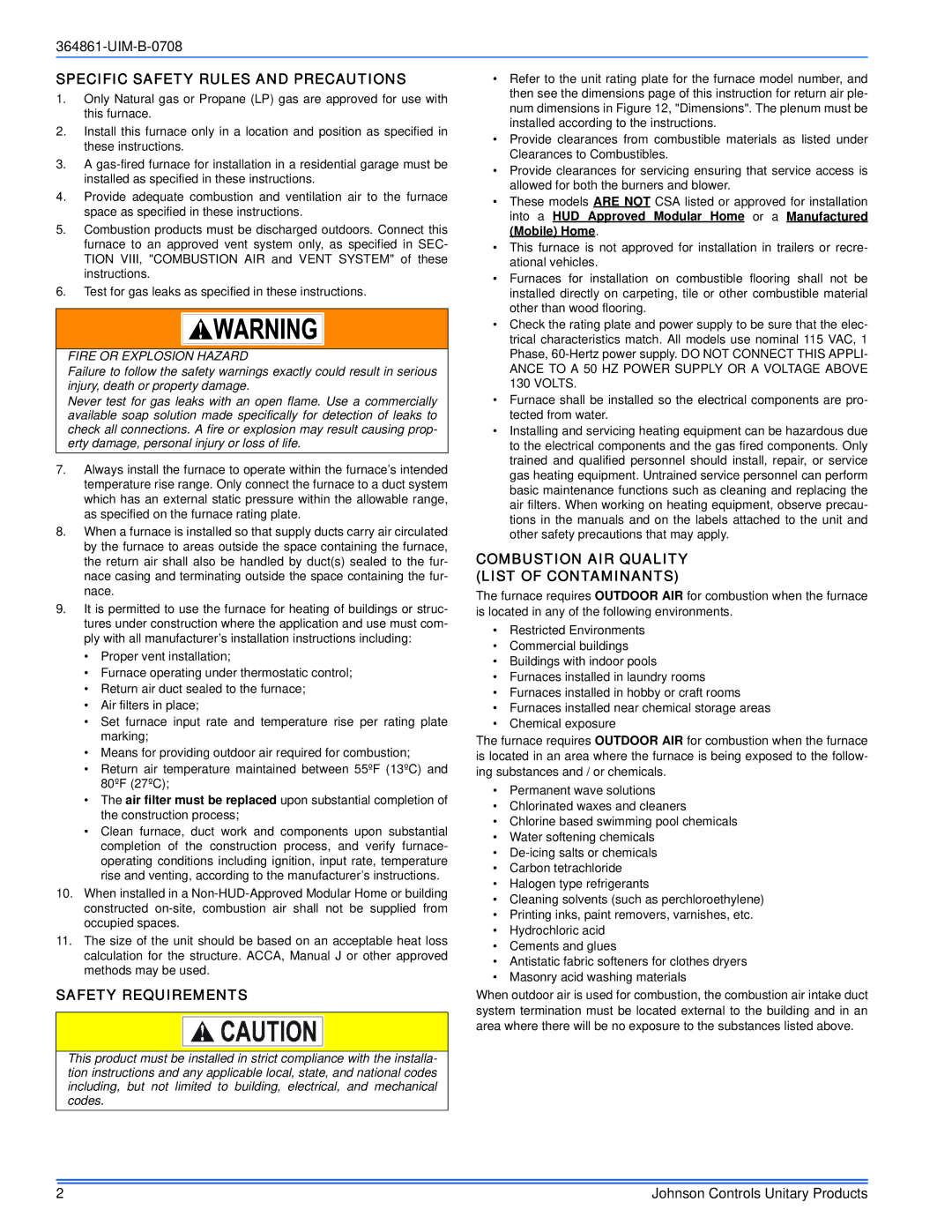 Johnson Controls TG9S*MP, GG9S*MP installation manual Specific Safety Rules and Precautions, Safety Requirements 