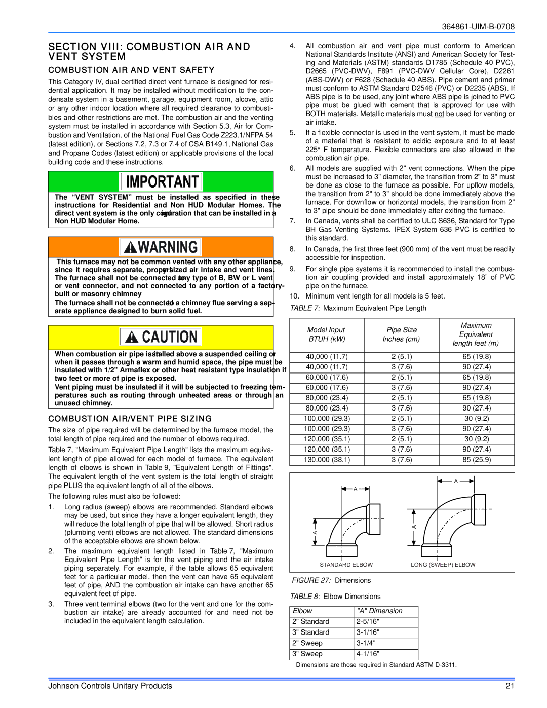 Johnson Controls GG9S*MP, TG9S*MP Section Viii Combustion AIR and Vent System, Combustion AIR and Vent Safety 