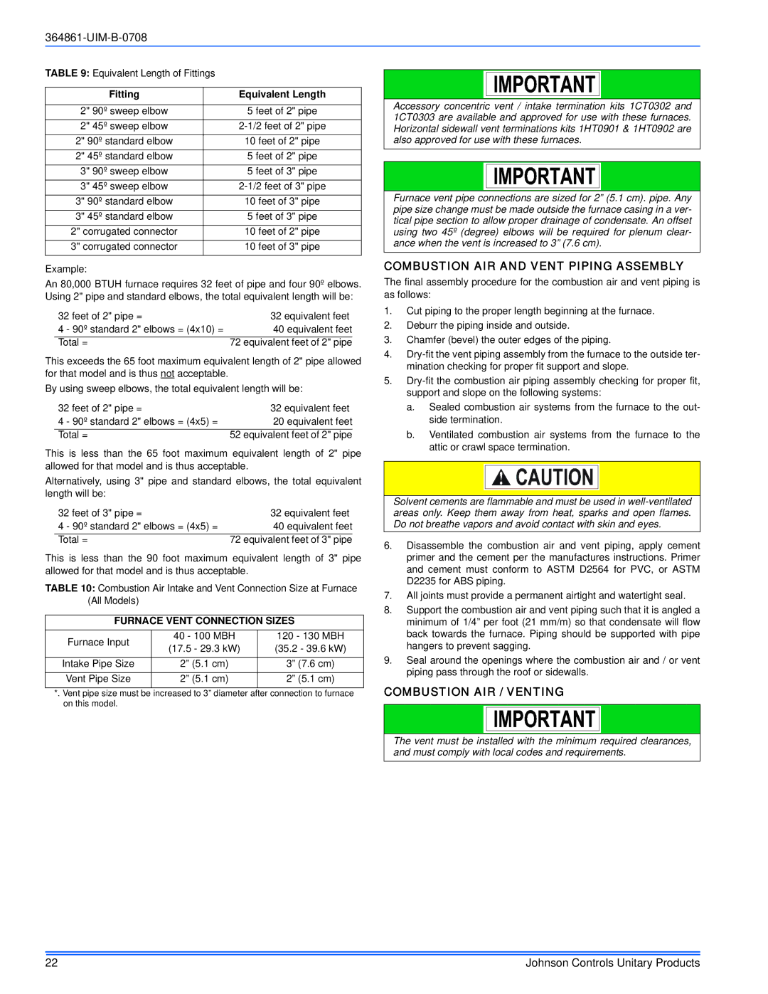 Johnson Controls TG9S*MP Combustion AIR and Vent Piping Assembly, Combustion AIR / Venting, Fitting Equivalent Length 