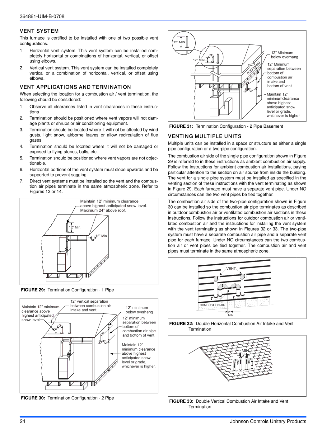 Johnson Controls TG9S*MP, GG9S*MP installation manual Vent System, Vent Applications and Termination, Venting Multiple Units 