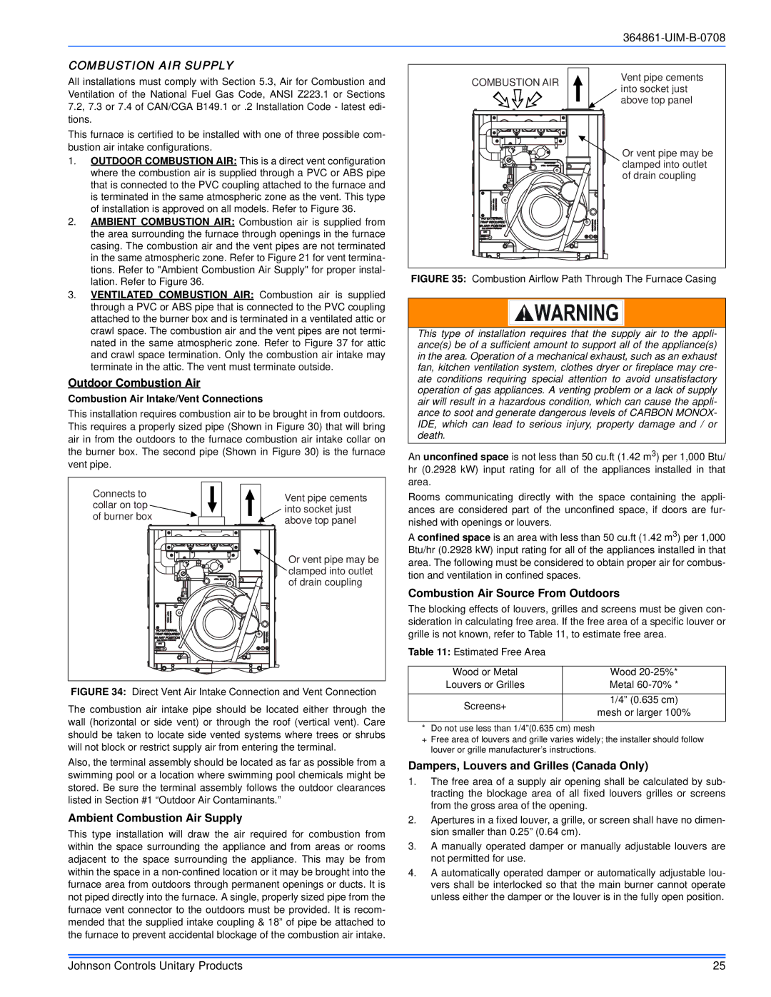 Johnson Controls GG9S*MP, TG9S*MP Combustion AIR Supply, Outdoor Combustion Air, Combustion Air Source From Outdoors 