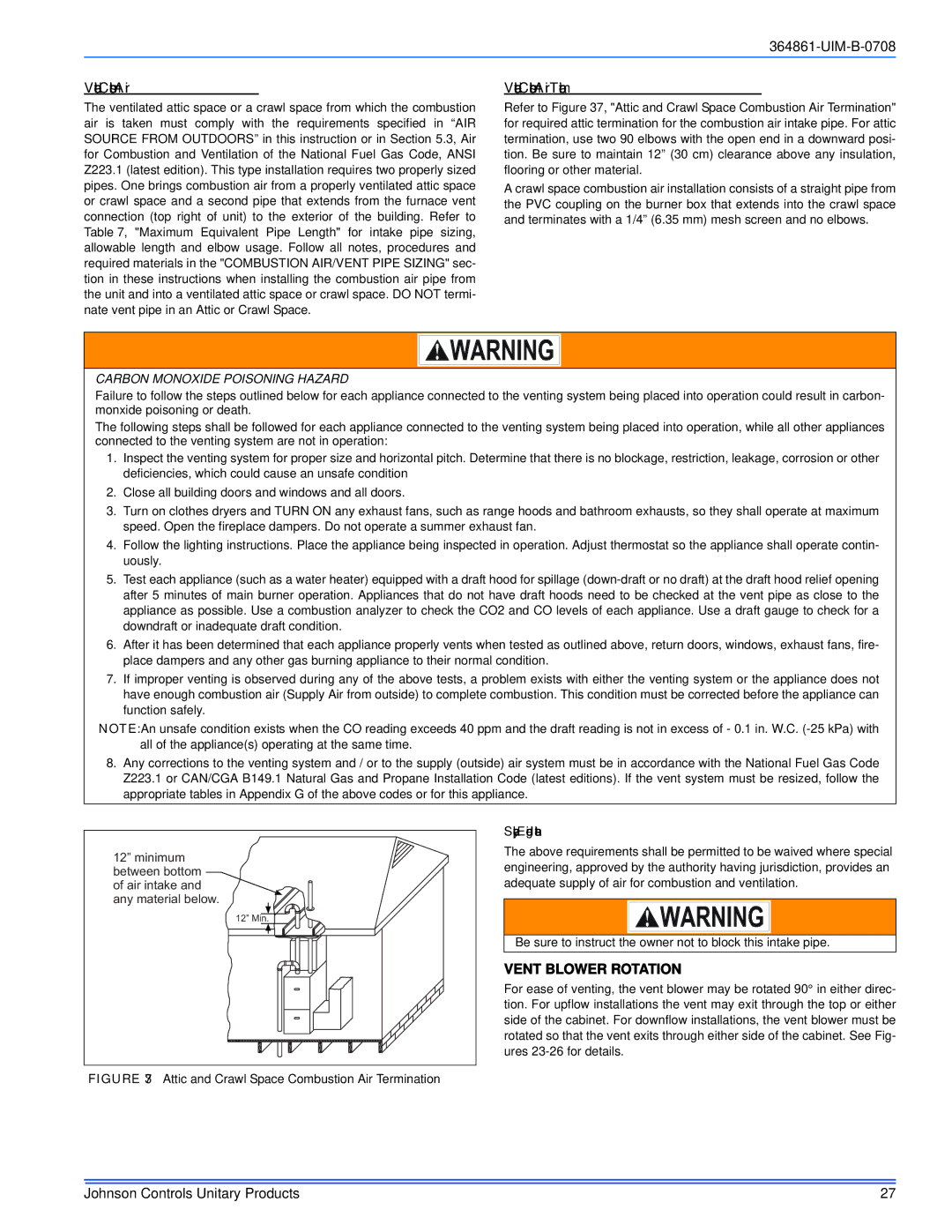 Johnson Controls GG9S*MP, TG9S*MP installation manual Ventilated Combustion Air Termination, Vent Blower Rotation 