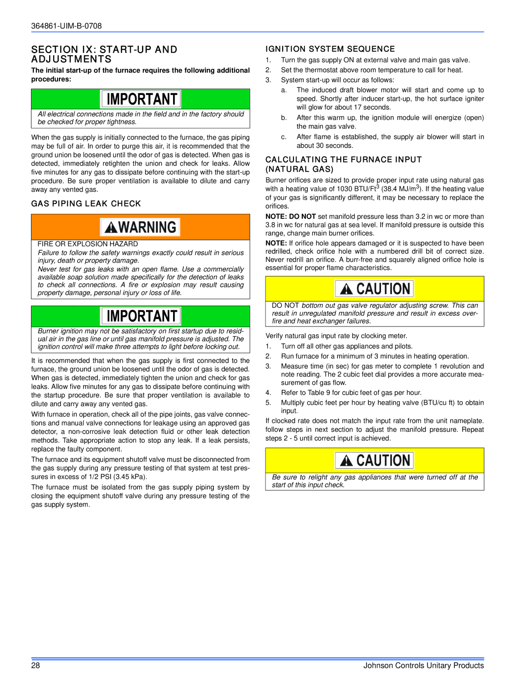 Johnson Controls TG9S*MP, GG9S*MP Section IX START-UP Adjustments, GAS Piping Leak Check, Ignition System Sequence 