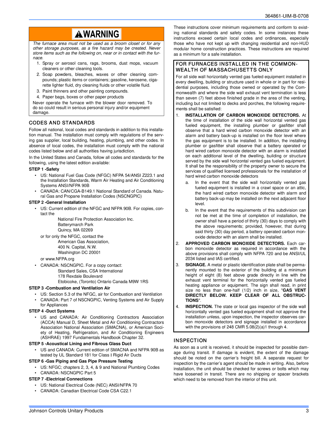 Johnson Controls GG9S*MP, TG9S*MP Codes and Standards, Inspection, Directly BELOW. Keep Clear of ALL OBSTRUC- Tions 