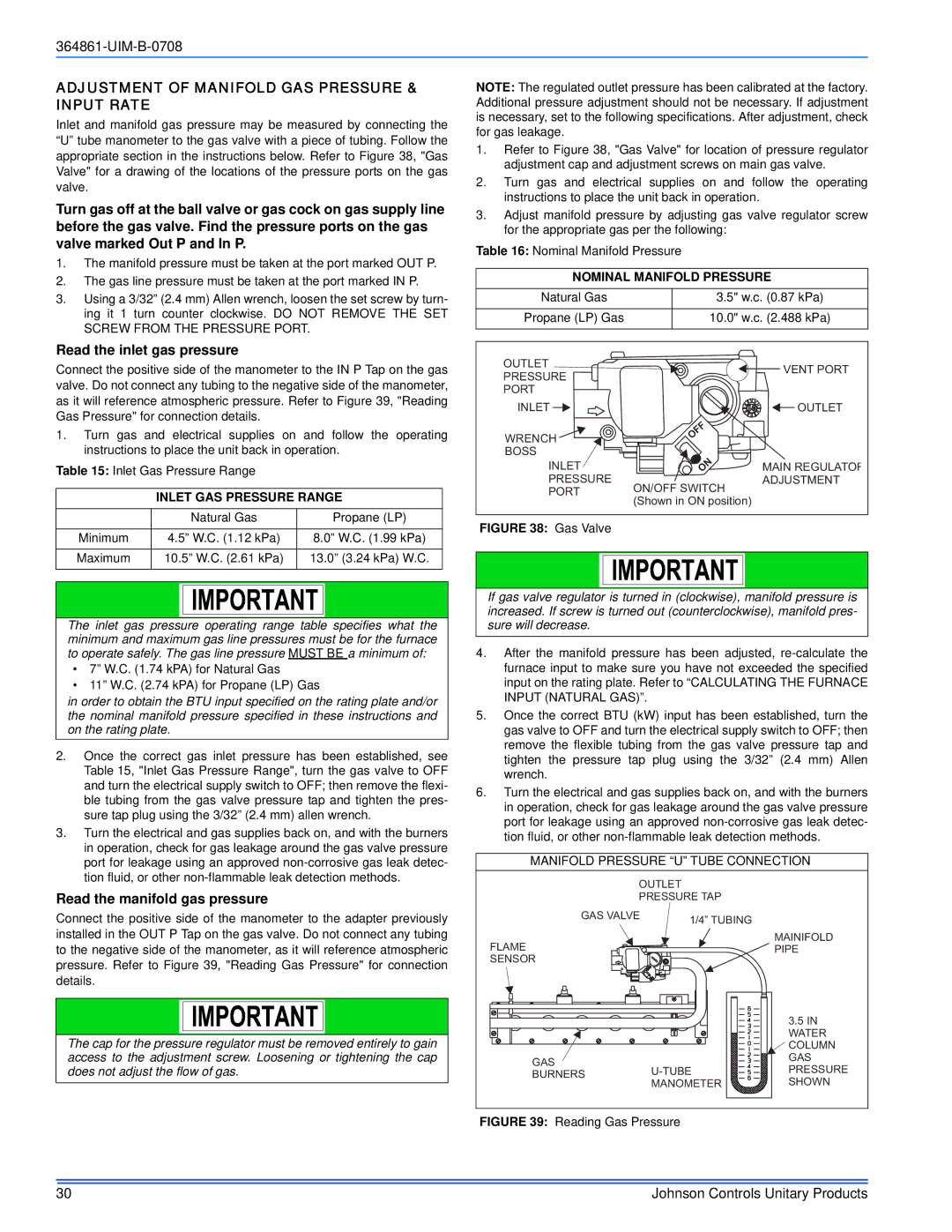 Johnson Controls TG9S*MP, GG9S*MP Adjustment of Manifold GAS Pressure & Input Rate, Read the inlet gas pressure 