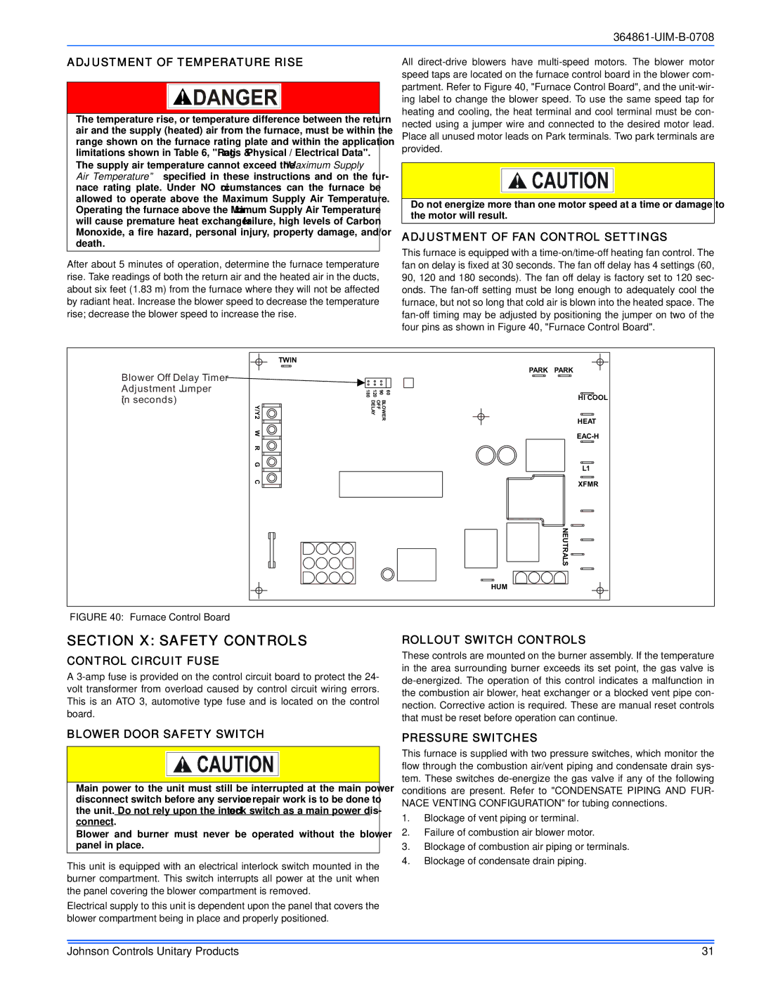 Johnson Controls GG9S*MP, TG9S*MP installation manual Section X Safety Controls 