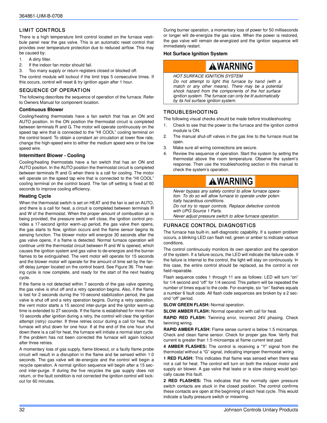 Johnson Controls TG9S*MP, GG9S*MP Limit Controls, Sequence of Operation, Troubleshooting, Furnace Control Diagnostics 