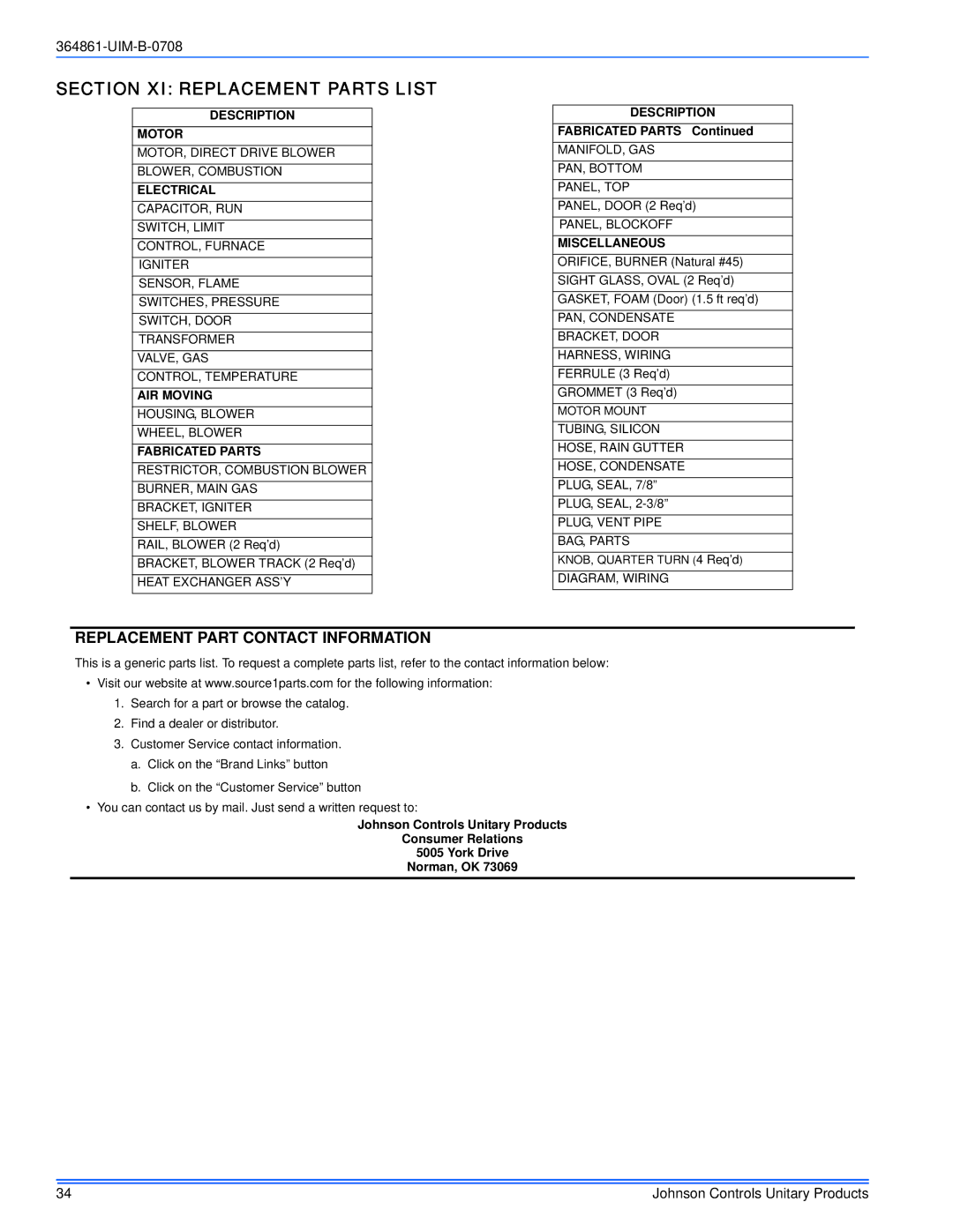 Johnson Controls TG9S*MP, GG9S*MP installation manual Section XI Replacement Parts List 