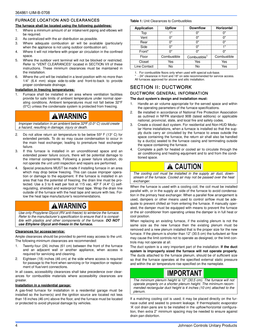 Johnson Controls TG9S*MP, GG9S*MP Section II Ductwork, Furnace Location and Clearances, Ductwork General Information 