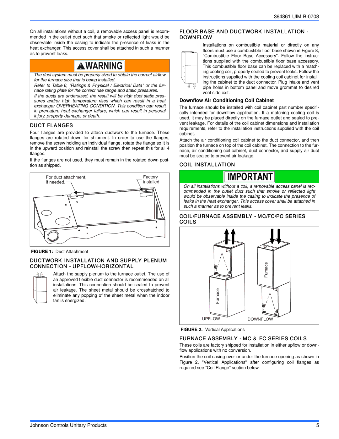 Johnson Controls GG9S*MP, TG9S*MP Duct Flanges, Floor Base and Ductwork Installation Downflow, Coil Installation 