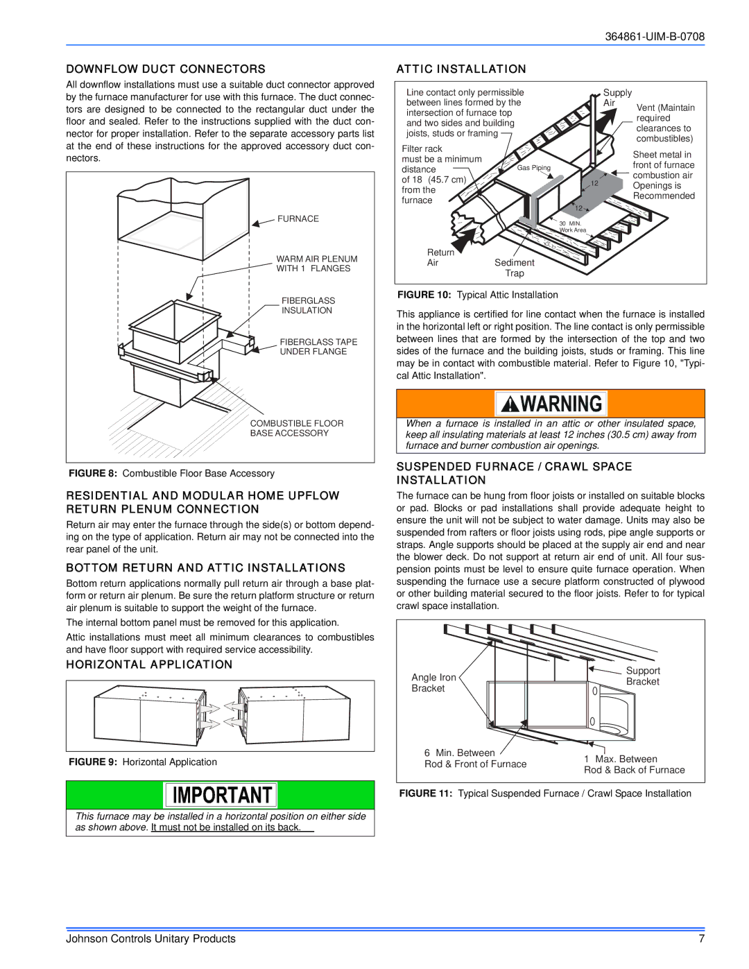 Johnson Controls GG9S*MP, TG9S*MP Downflow Duct Connectors Attic Installation, Bottom Return and Attic Installations 