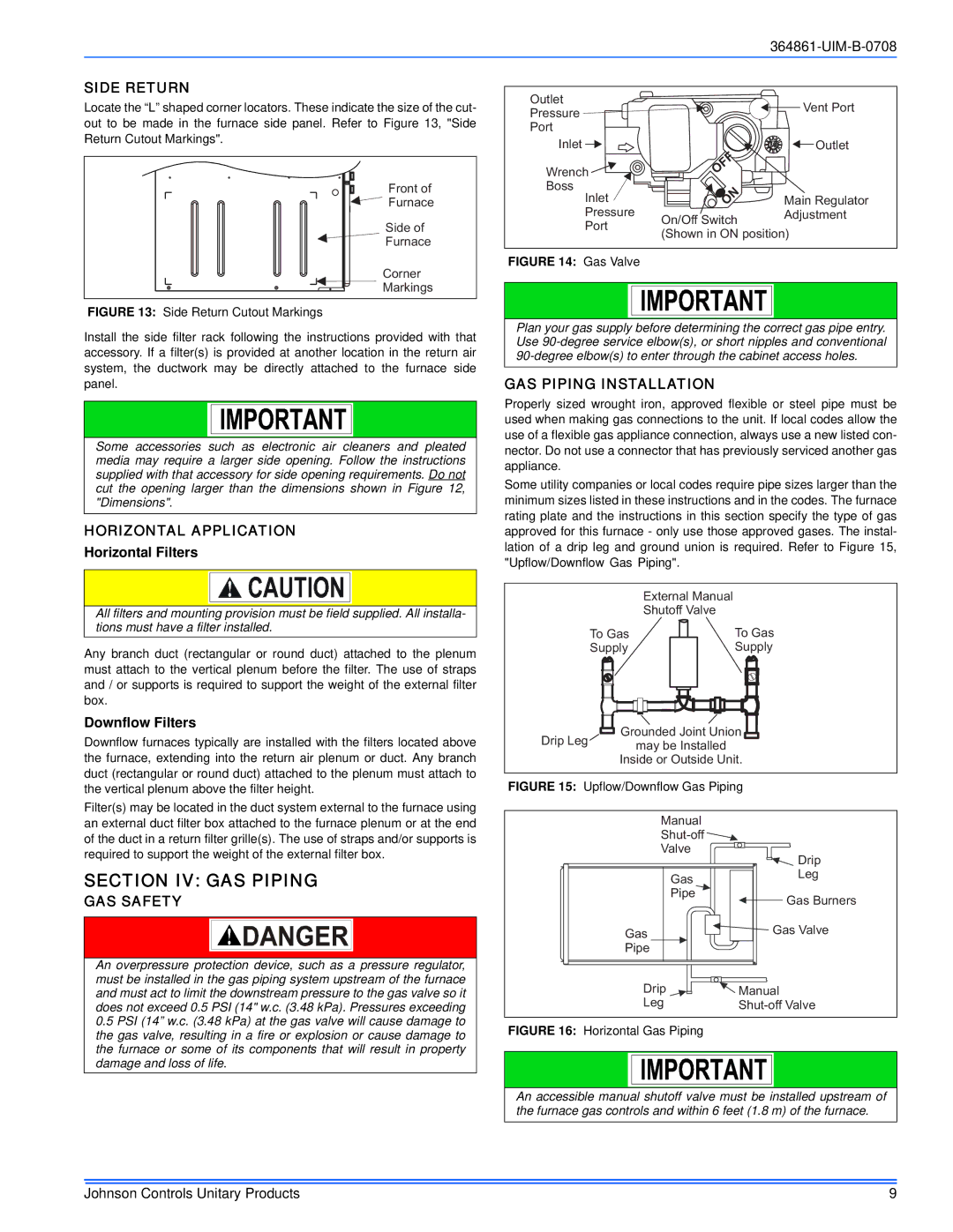 Johnson Controls GG9S*MP, TG9S*MP Section IV GAS Piping, Side Return, GAS Safety, GAS Piping Installation 