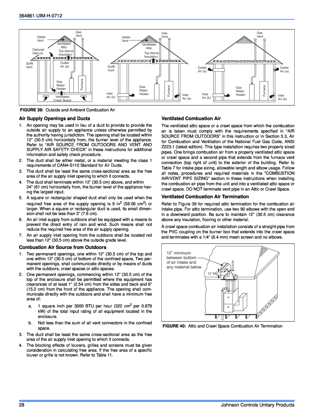 Johnson Controls TG9S'MP, GG9S'MP installation manual UIM-H-0712, Air Supply Openings and Ducts, Ventilated Combustion Air 