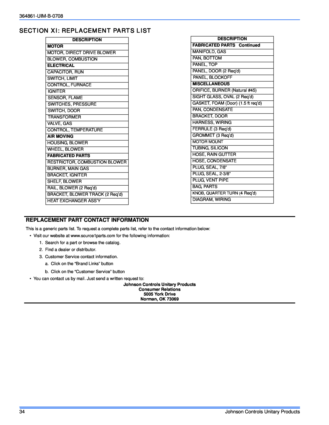 Johnson Controls TG9S*MP Section Xi Replacement Parts List, Replacement Part Contact Information, Description Motor 