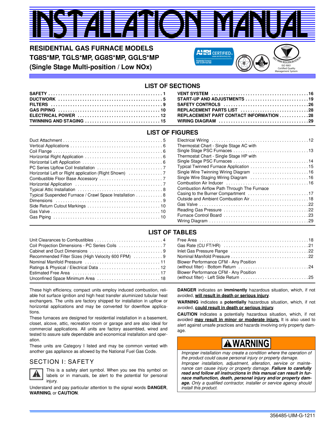 Johnson Controls TG8S*MP, TGLS*MP installation manual List of Sections, List of Figures, List of Tables, Section I Safety 