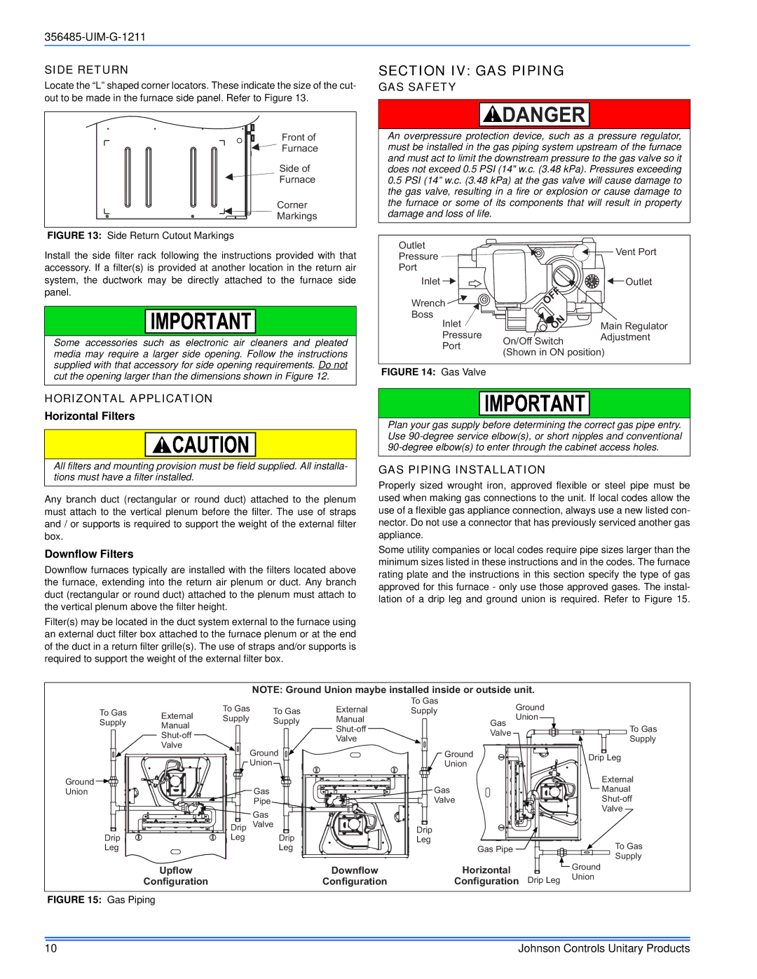 Johnson Controls GGLS*MP, TGLS*MP, TG8S*MP, GG8S*MP Section IV GAS Piping, Side Return, GAS Safety, GAS Piping Installation 