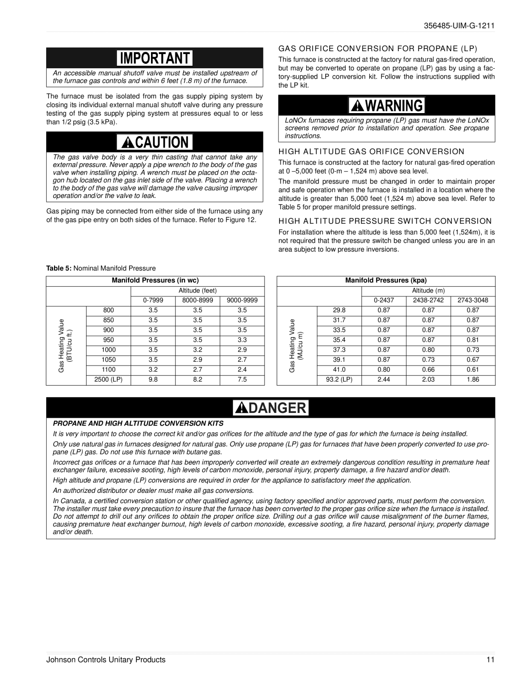 Johnson Controls GG8S*MP, TGLS*MP, TG8S*MP GAS Orifice Conversion for Propane LP, High Altitude GAS Orifice Conversion 