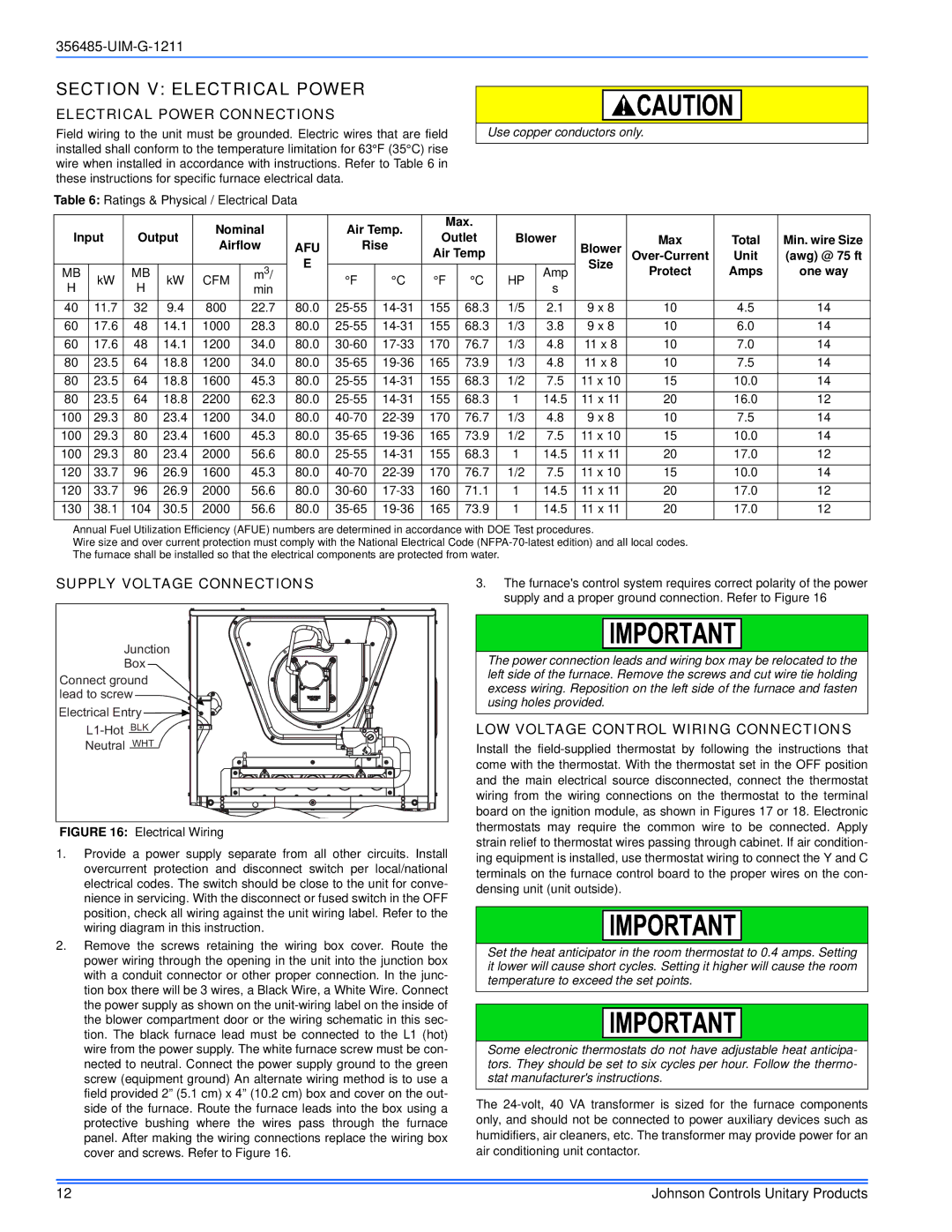 Johnson Controls TGLS*MP Section V Electrical Power, Electrical Power Connections, Supply Voltage Connections, Afu 