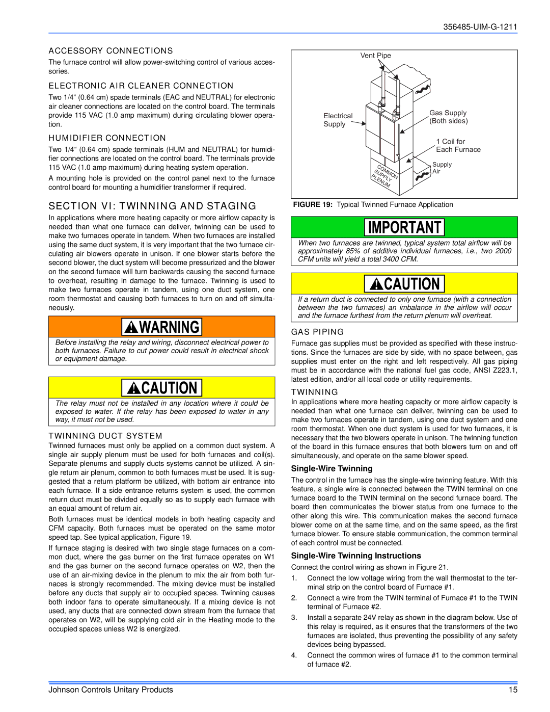 Johnson Controls GG8S*MP, TGLS*MP, TG8S*MP, GGLS*MP installation manual Section VI Twinning and Staging 