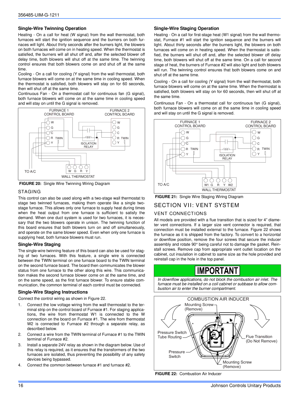 Johnson Controls TGLS*MP, TG8S*MP, GGLS*MP, GG8S*MP installation manual Section VII Vent System, Staging, Vent Connections 