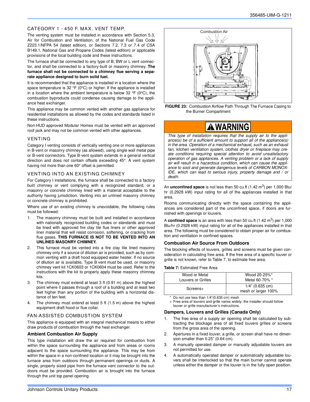 Johnson Controls TG8S*MP, TGLS*MP, GGLS*MP, GG8S*MP Category 1 450 F. MAX. Vent Temp, Venting Into AN Existing Chimney 