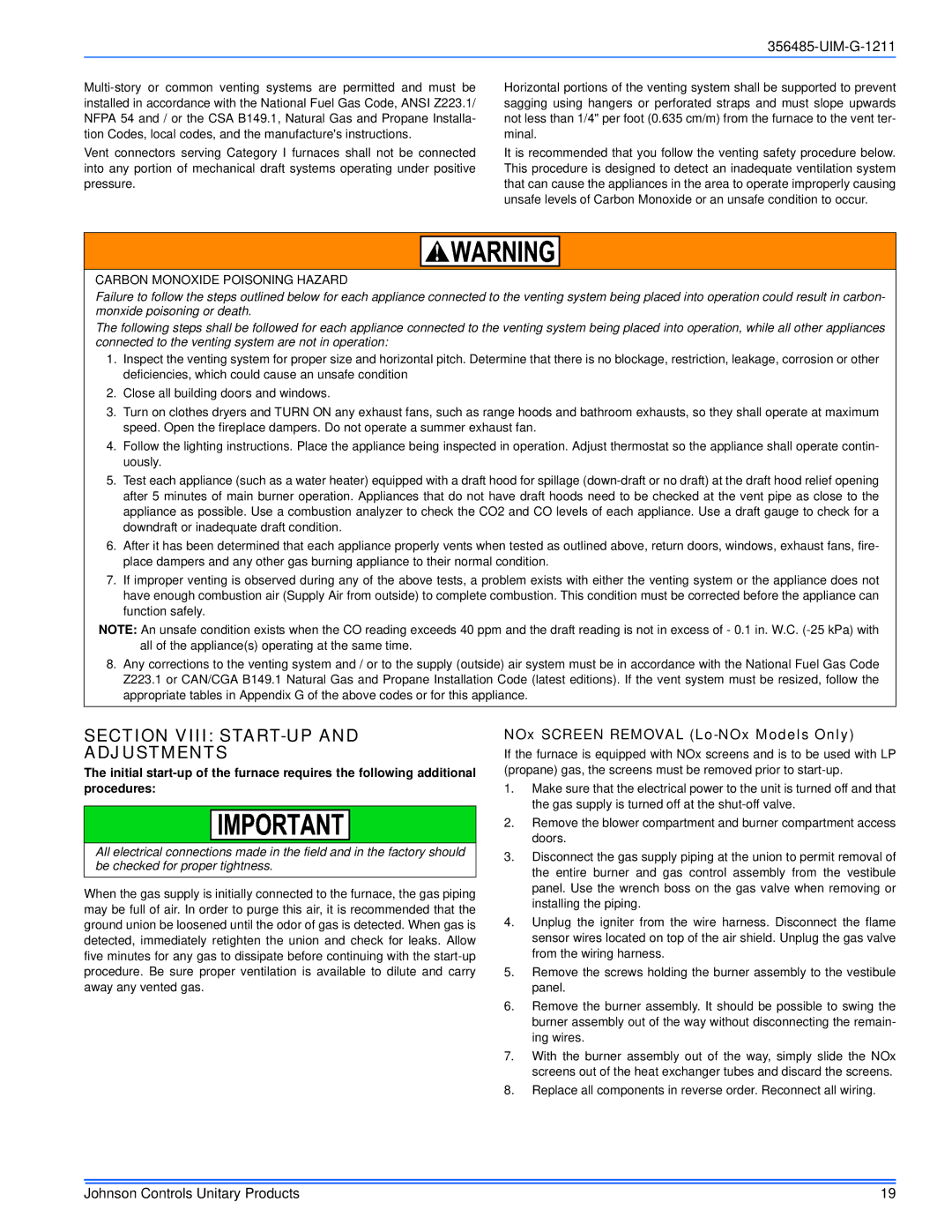 Johnson Controls GG8S*MP, TGLS*MP, TG8S*MP, GGLS*MP Section Viii START-UP Adjustments, NOx Screen Removal Lo-NOx Models Only 