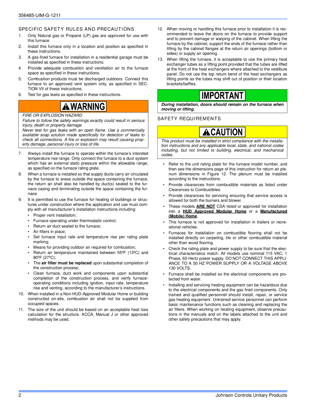 Johnson Controls GGLS*MP, TGLS*MP, TG8S*MP, GG8S*MP Specific Safety Rules and Precautions, Safety Requirements 