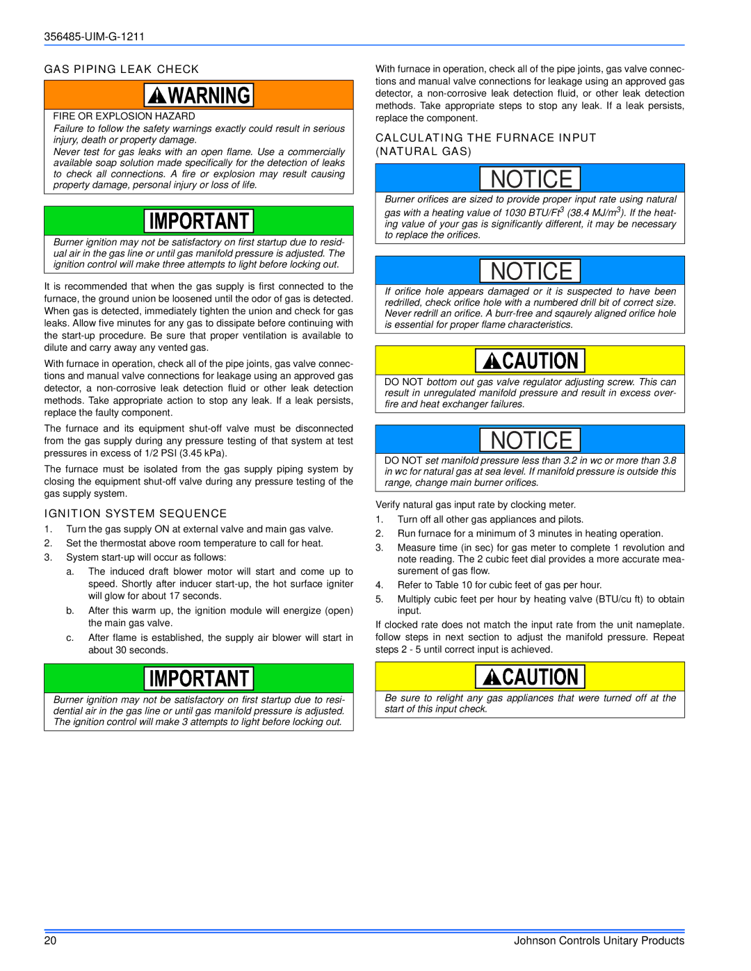 Johnson Controls TGLS*MP GAS Piping Leak Check, Ignition System Sequence, Calculating the Furnace Input Natural GAS 