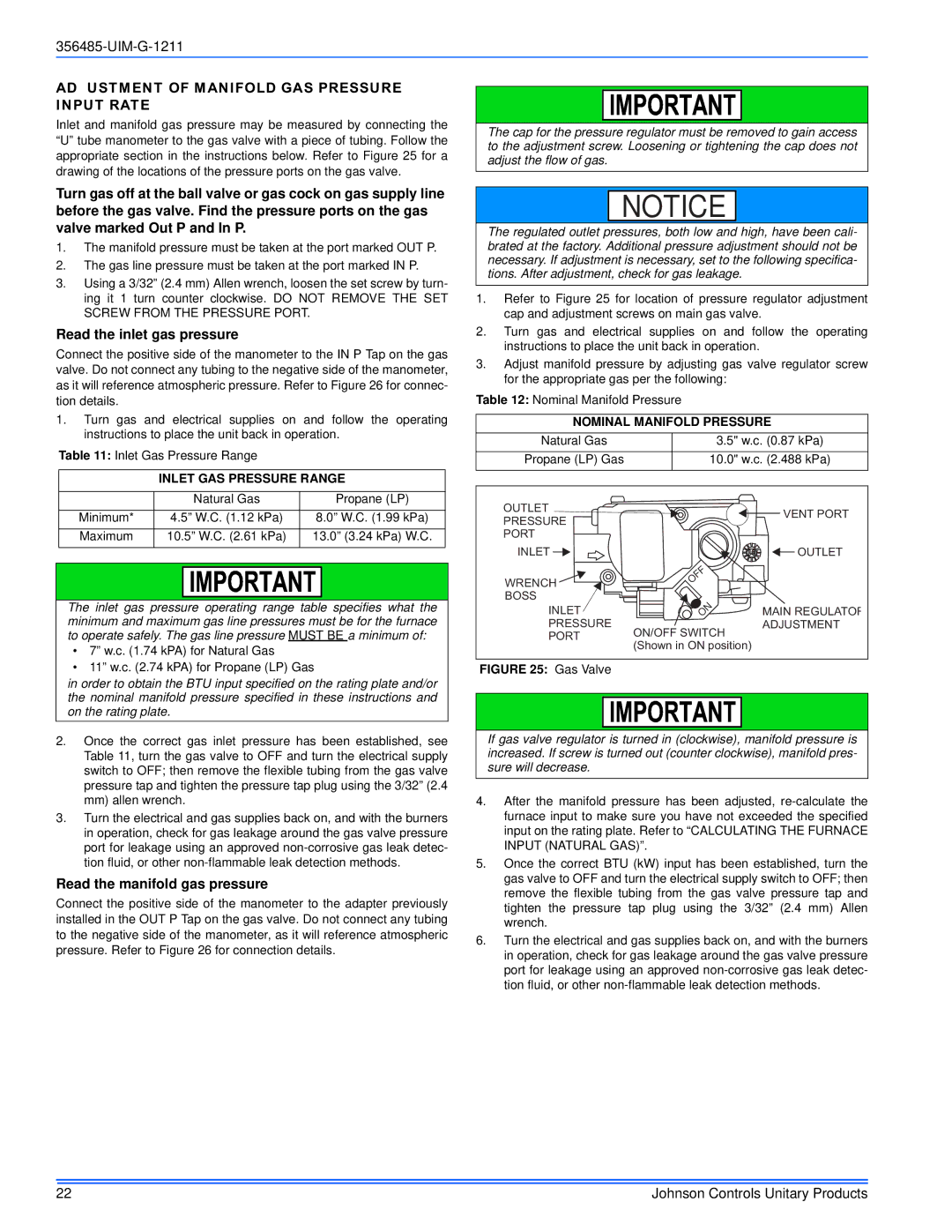 Johnson Controls GGLS*MP, TGLS*MP, TG8S*MP Adjustment of Manifold GAS Pressure & Input Rate, Read the inlet gas pressure 