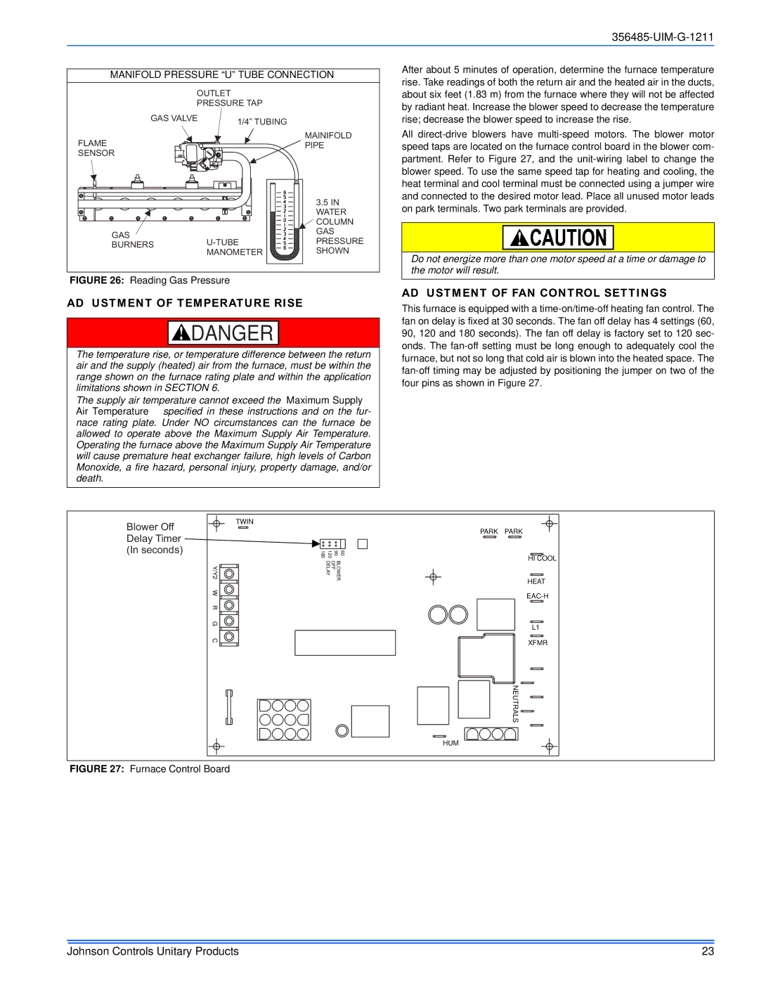 Johnson Controls GG8S*MP, TGLS*MP, TG8S*MP, GGLS*MP Adjustment of Temperature Rise, Adjustment of FAN Control Settings 