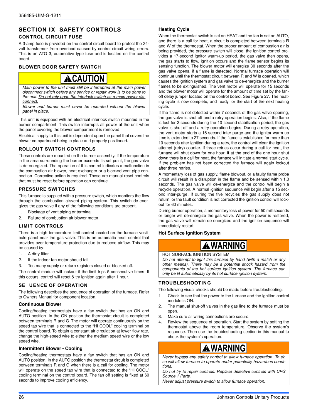 Johnson Controls GGLS*MP, TGLS*MP, TG8S*MP, GG8S*MP installation manual Section IX Safety Controls 