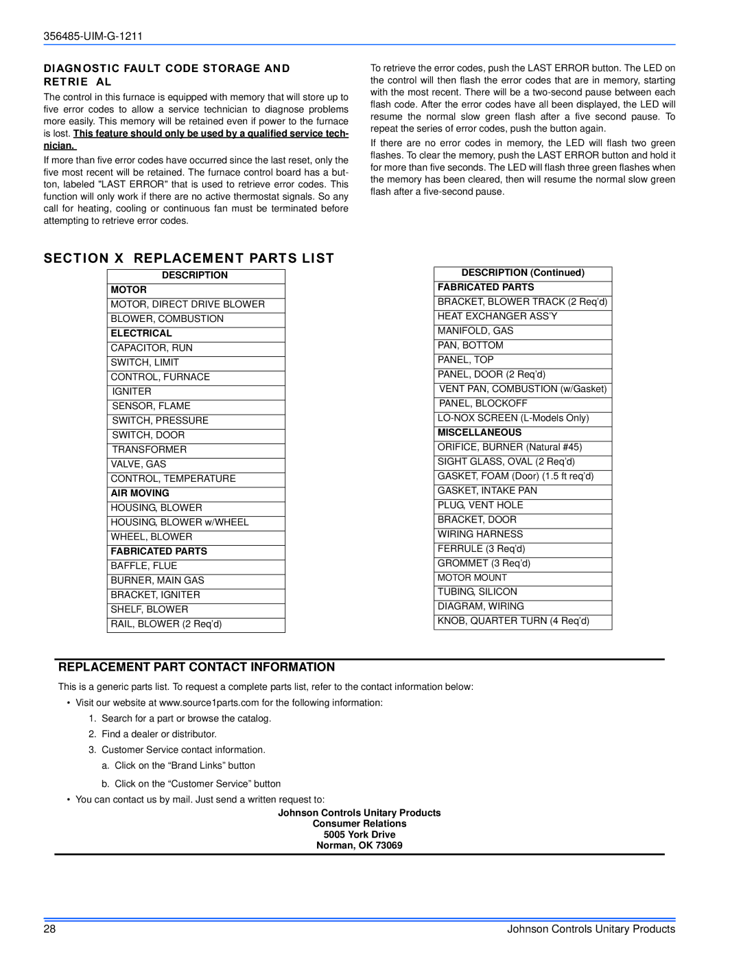 Johnson Controls TGLS*MP, TG8S*MP, GGLS*MP Section X Replacement Parts List, Diagnostic Fault Code Storage and Retrieval 