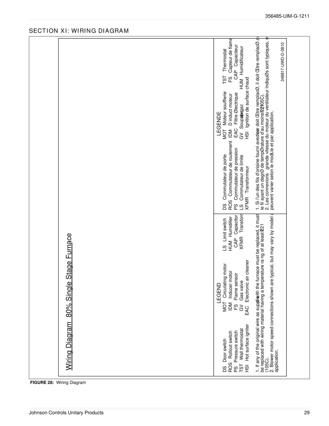 Johnson Controls TG8S*MP, TGLS*MP, GGLS*MP, GG8S*MP installation manual Section XI Wiring Diagram 