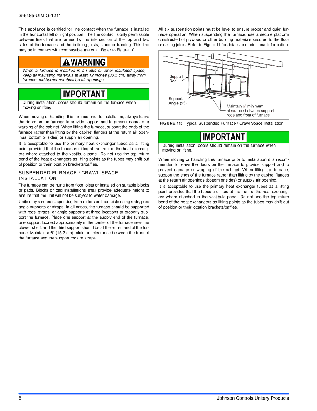 Johnson Controls TGLS*MP, TG8S*MP, GGLS*MP, GG8S*MP installation manual Suspended Furnace / Crawl Space Installation 